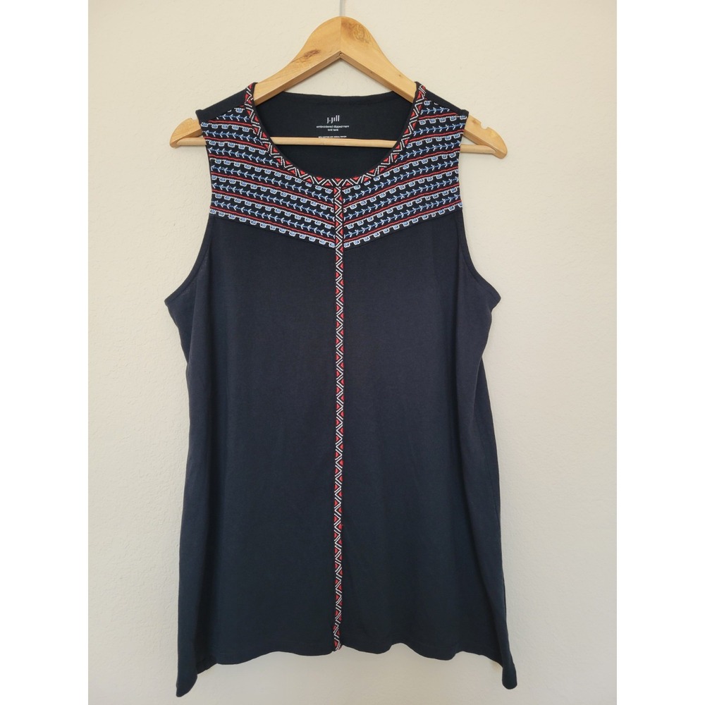 J.Jill Womens Sleeveless Tunic Top Black L Cotton Embroidered Dipped Tank Tribal